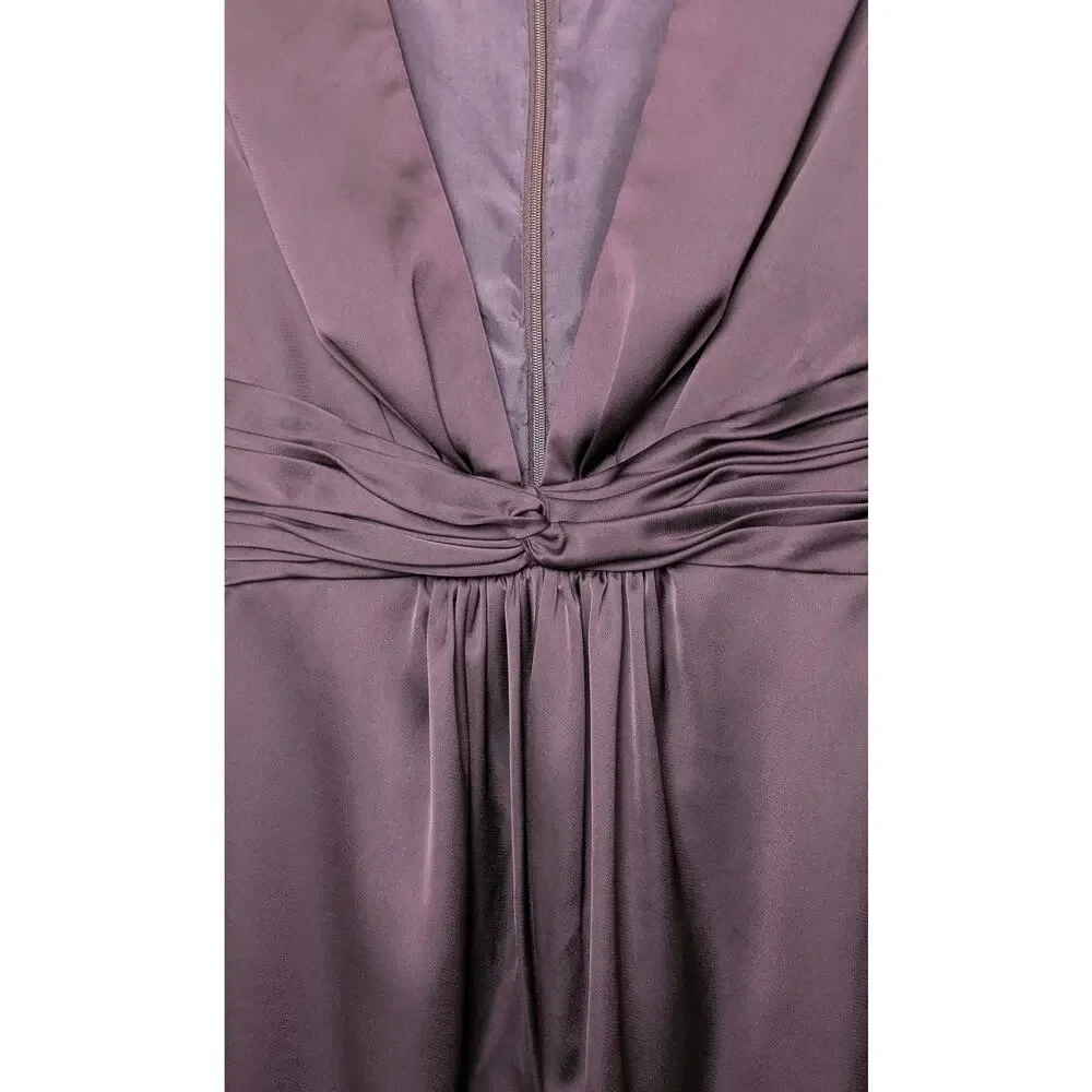 Plum Satin Puff Sleeve Straight Leg Jumpsuit Deep V Formal Evening Sz 2 EUC - Picture 8 of 11